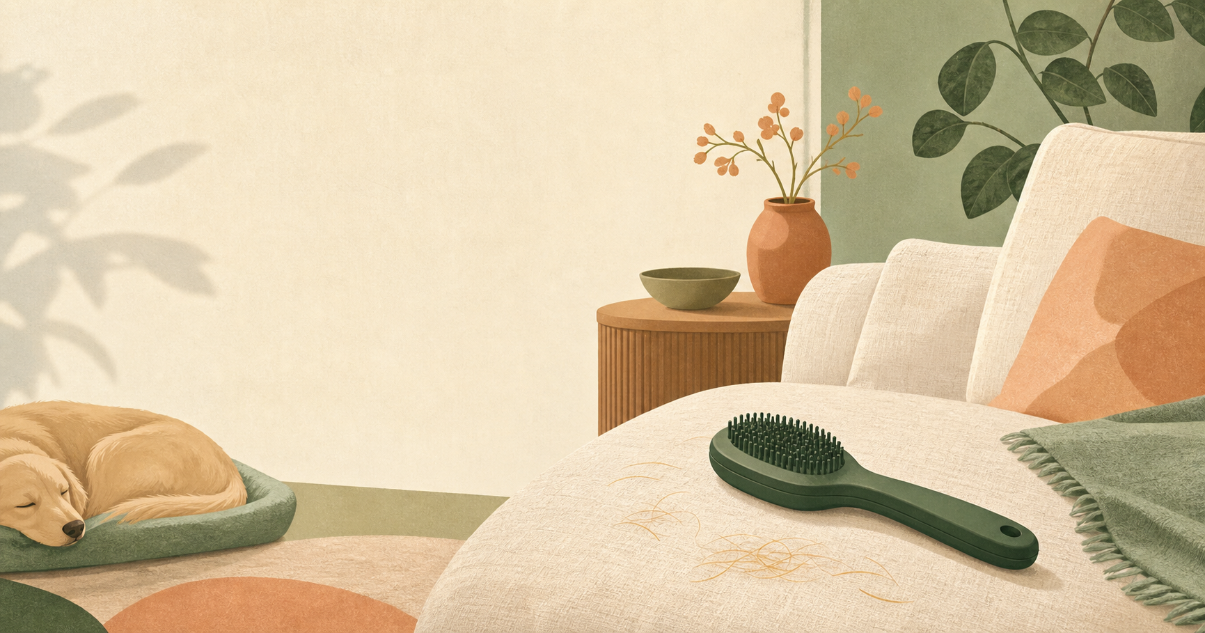 Editorial illustration of a calm living room with a dog resting beside a sofa